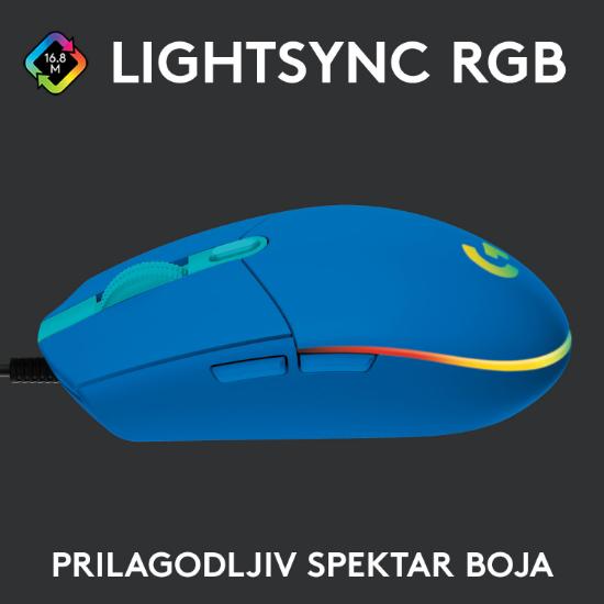 Miš LOGITECH Gaming G102 Lightsync, optički, 8000dpi, plavi, USB