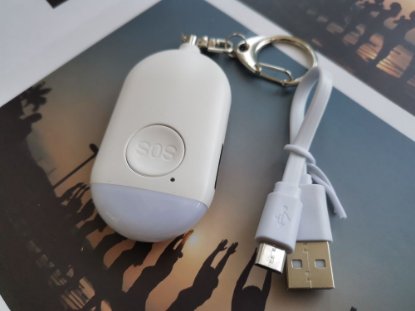 Osobni alarm ARIZA B300, privjesak, LED svjetlo, punjiva baterija, bijeli