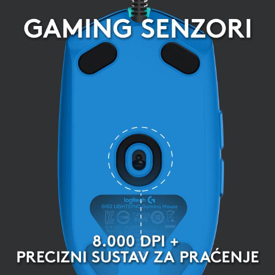 Miš LOGITECH Gaming G102 Lightsync, optički, 8000dpi, plavi, USB