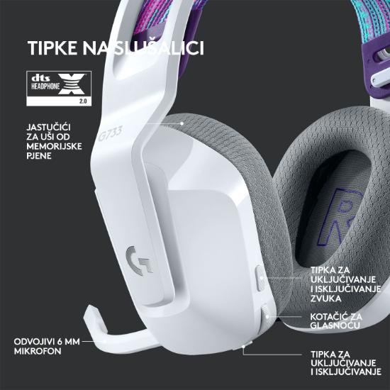 Slušalice LOGITECH Gaming G733 Lightspeed, RGB, bežične, bijele