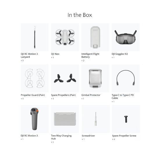 Dron DJI Neo Motion Fly More Combo, 4K kamera, 1-axis gimbal, vrijeme leta do 18 min, DJI Motion 3 daljinski upravljač, DJI Goggles 3, bijeli