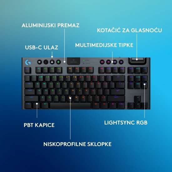 Tipkovnica LOGITECH Gaming G915 X TKL Lightspeed Tactile, RGB, mehanička, bežična, US Layout, crna