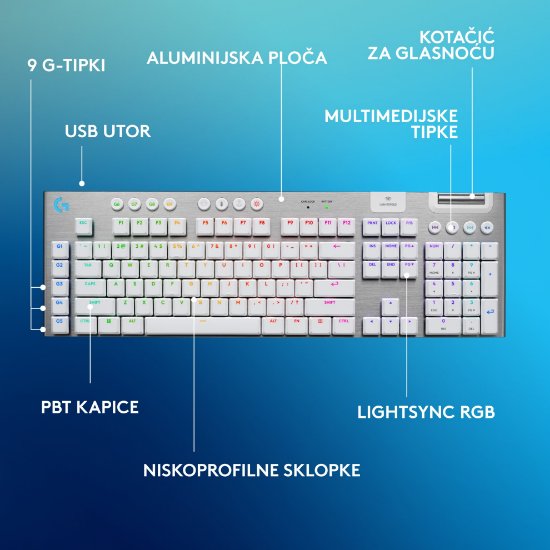 Tipkovnica LOGITECH Gaming G915 X Tactile, RGB, mehanička, US Layout, USB, bijela