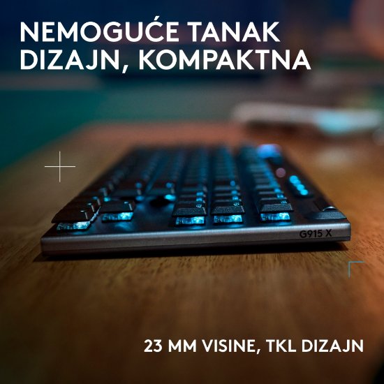 Tipkovnica LOGITECH Gaming G915 X TKL Lightspeed Tactile, RGB, mehanička, bežična, US Layout, crna
