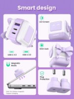 Kućni punjač UGREEN Nexode RG, 65W, 1x USB-A, 2x USB-C, LED ekran, ljubičasti