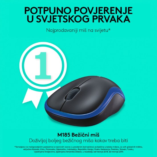 Miš LOGITECH M185, optički, bežični, 1000dpi, crno-plavi