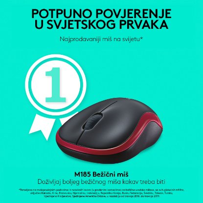 Miš LOGITECH M185, optički, bežični, 1000dpi, crno-crveni