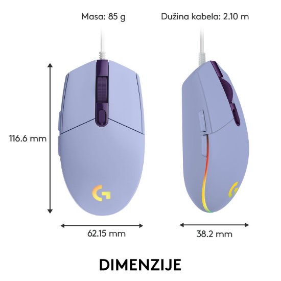 Miš LOGITECH Gaming G102 Lightsync, optički, 8000dpi, lilac, USB