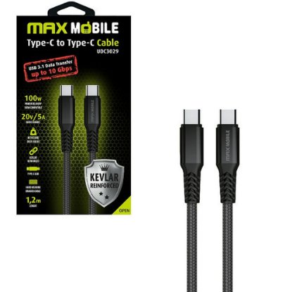 Kabel MAXMOBILE, USB-C (M) na USB-C (M), kevlar, 100W, 5A, 1.2 m, crni