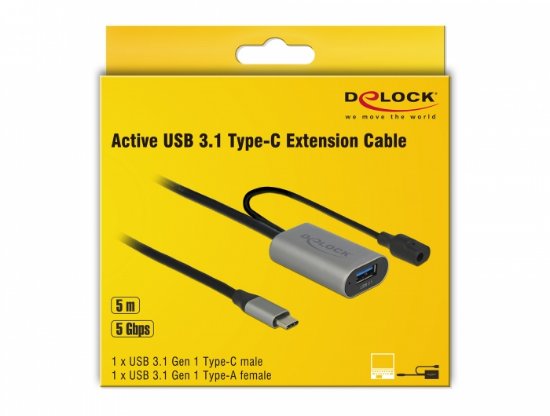 Adapter DELOCK, USB-C (M) na USB 3.1 (Ž), aktivni, sivi, 5.0m