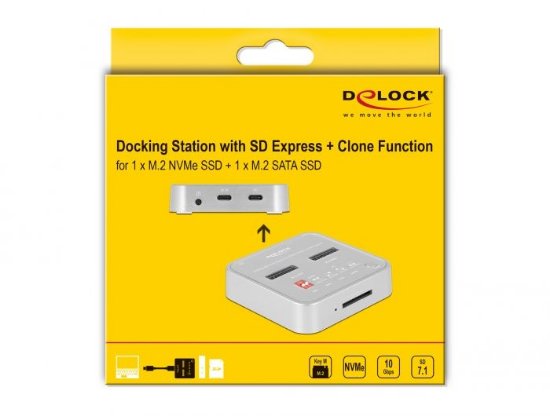 Docking station DELOCK 1 x M.2 NVMe SSD + 1 x M.2 SATA SSD with SD Express (SD 7.1) Card Reader and clone function