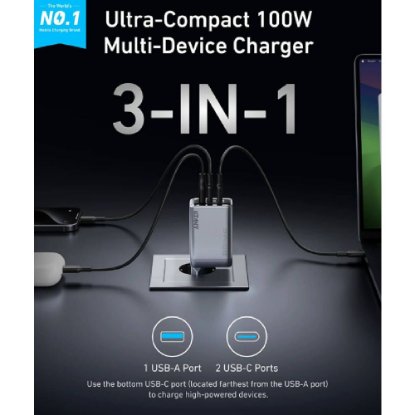 Punjač za mobitele ANKER A2688341, 2x USB-C, 1x USB-A, GaN, sivi
