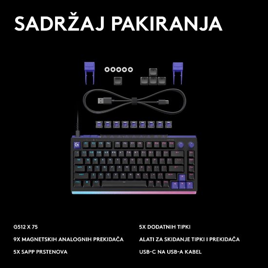 Tipkovnica LOGITECH Gaming G512 X 75, tactile switch, RGB, mehanička, US Layout, USB, crna