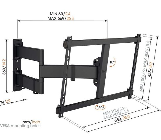 Nosač zidni za TV VOGEL'S TVM3843, 55"-100", rotacija 180°, nagib 10°, do 55kg