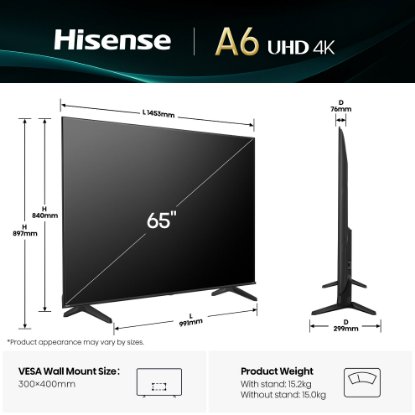 LED TV 65" HISENSE 65A6Q, Smart TV, 4K UHD, DVB-T2/C/S2, USB, Wi-Fi, BT, crni - energetski razred E