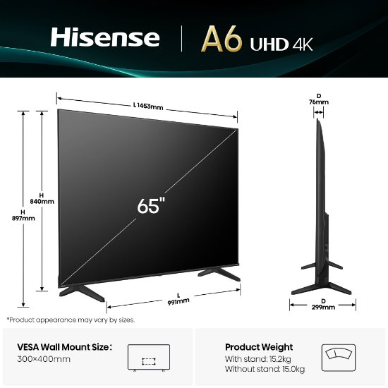 LED TV 65" HISENSE 65A6Q, Smart TV, 4K UHD, DVB-T2/C/S2, USB, Wi-Fi, BT, crni - energetski razred E