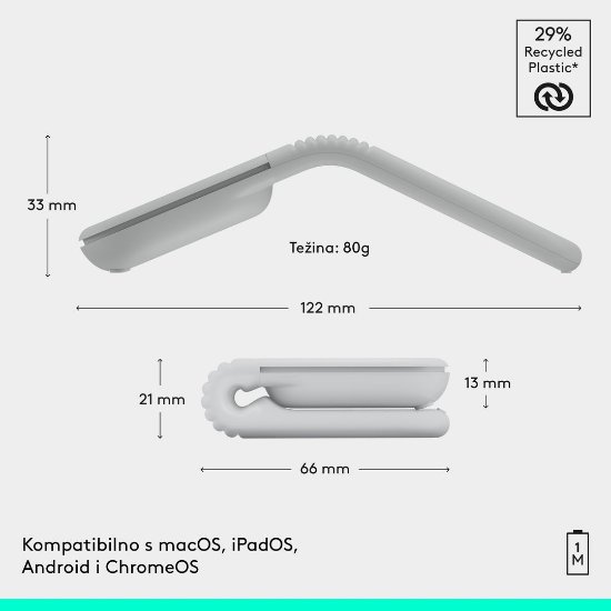 Miš LOGITECH Mobi Fold, bežični, bijeli