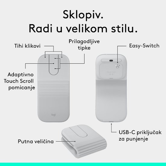Miš LOGITECH Mobi Fold, bežični, bijeli
