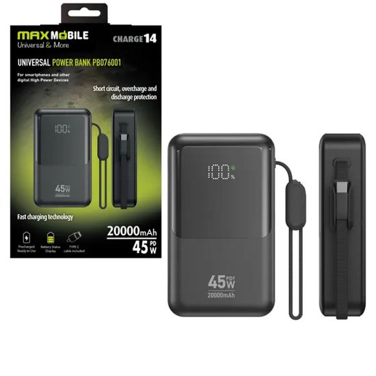 Mobilni USB punjač MAXMOBILE Power Bank PB076001, 45W, 20000mAh USB, 2xUSB-C, crni