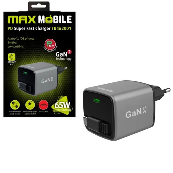 Kućni punjač MAXMOBILE PD Super Fast Charger, TR462001 , 65W, 2x USB-C, sivi