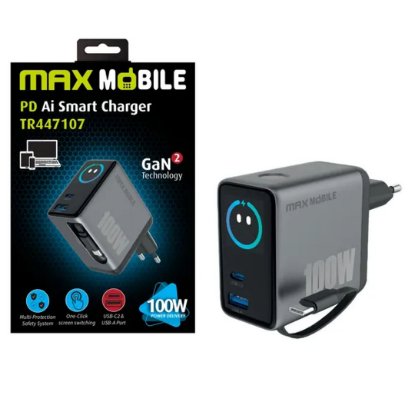 Kućni punjač MAXMOBILE PD Ai Smart Charger, TR447207, 100W USB, USB-C, crni