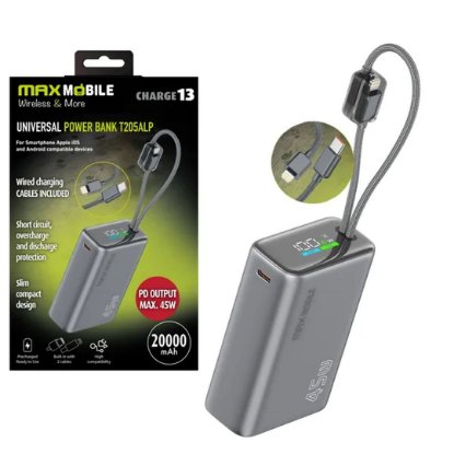 Mobilni USB MAXMOBILE Power Bank T205ALP, 45W, 20000mAh, 2xUSB-C, sivi