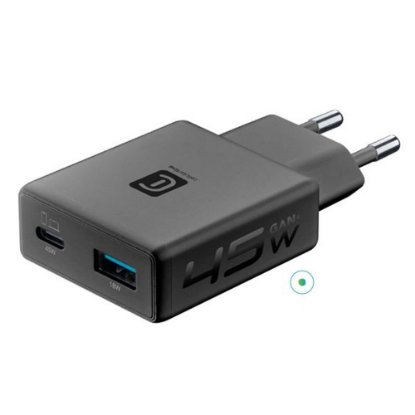 Kućni punjač CELLULARLINE, GAN+, 45W, Slim, USB-C, USB-A, crni