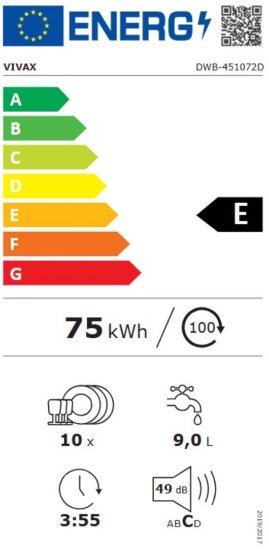 Ugradbena perilica posuđa VIVAX DWB-451072D, 10 kompleta, energetski razred E