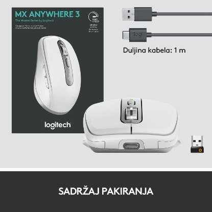 Miš LOGITECH MX Anywhere 3, laserski, bežični, BT, Unifying receiver USB, pale gray