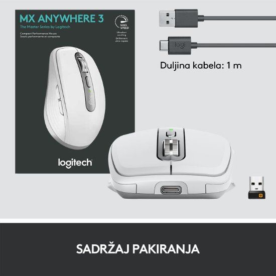 Miš LOGITECH MX Anywhere 3, laserski, bežični, BT, Unifying receiver USB, pale gray