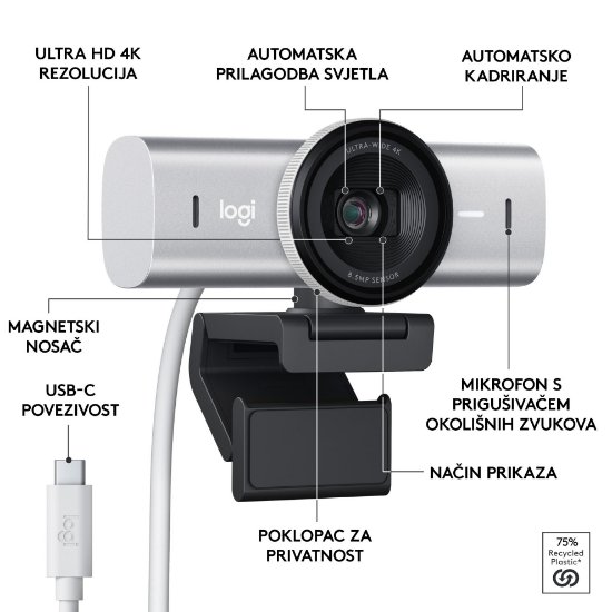Web kamera LOGITECH MX Brio, 4K UHD, USB-C, svijetlo siva