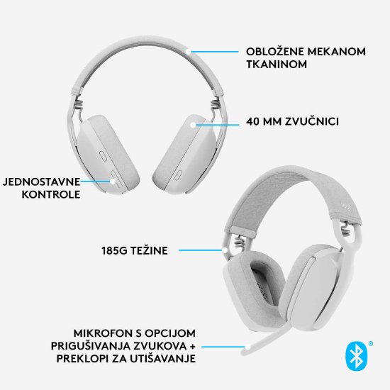 Slušalice LOGITECH Zone Vibe 100, bežične, BT, bijele