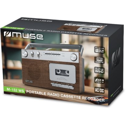 Radio kasetofon MUSE M-152 WS, Analog FM i MW (AM), kasetofon s funkcijom snimanja, napajanje baterija/AC, smeđe/drvo